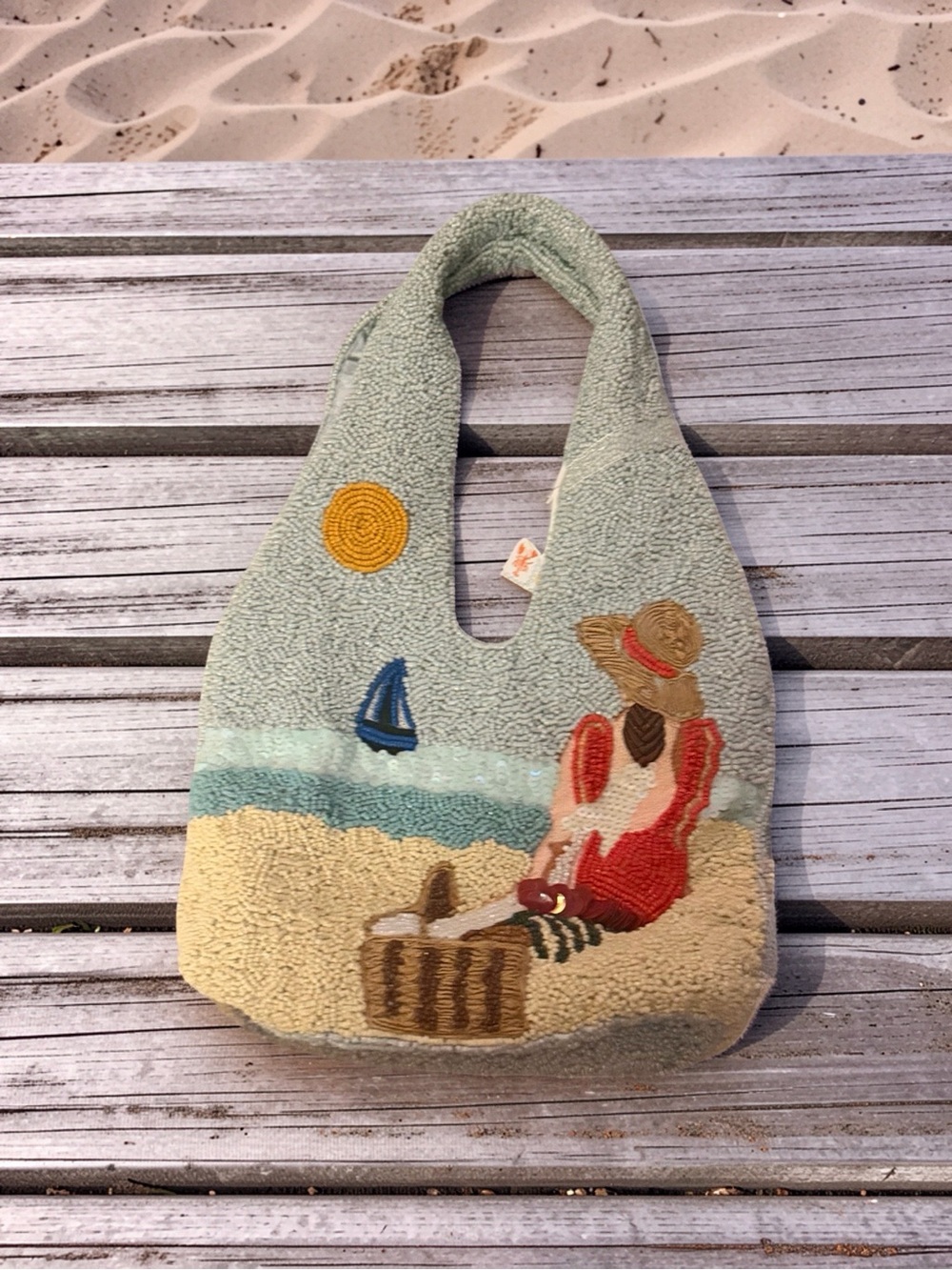 T.J.Maxx Sage Green Beach Scene Tote with Red Accent